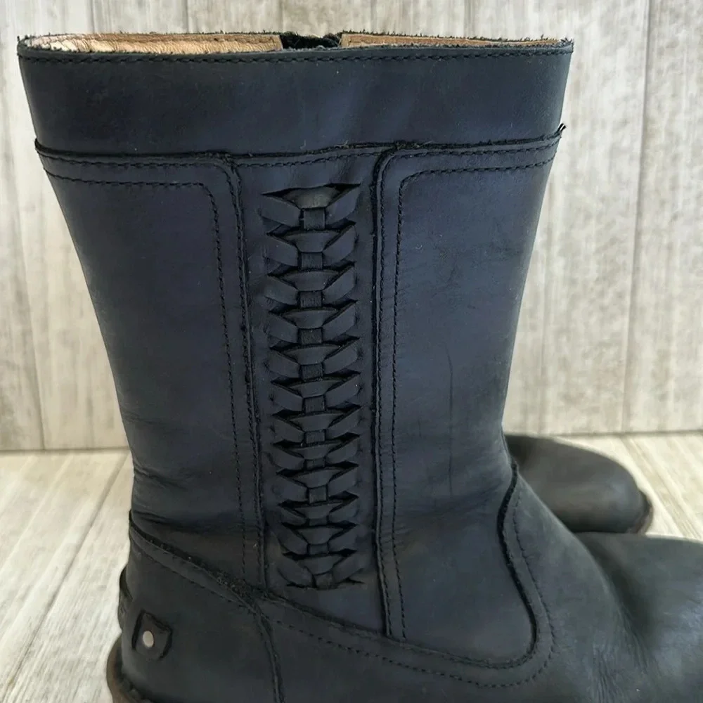 UGG Black Leather Mid Calf Wool Lined Side Zip Braid Detail Kaleen Boots